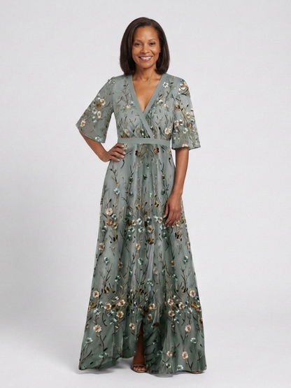 Women's Floral V-Neck Maxi Dress with Short Sleeves for Feminine Elegance