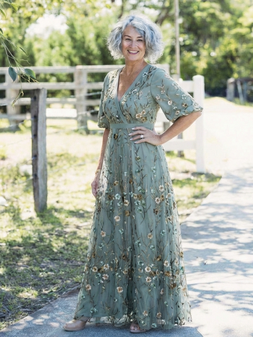 Women's Floral V-Neck Maxi Dress with Short Sleeves for Feminine Elegance