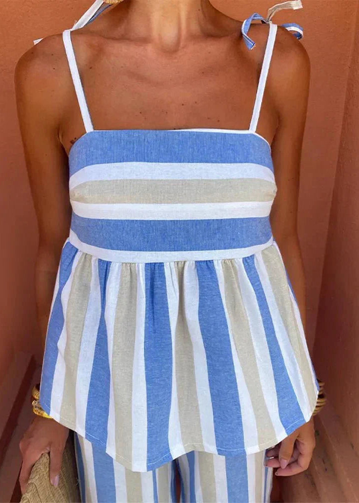 Women’s Two-Piece Set with Peplum Camisole and Wide Leg Striped Pants