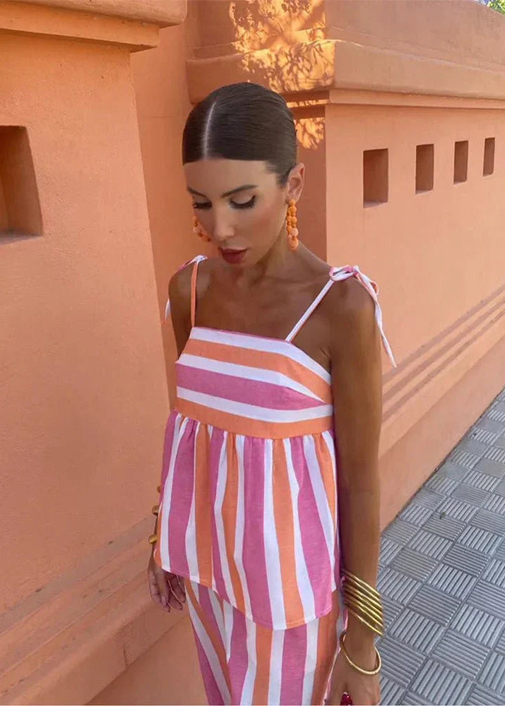 Women’s Two-Piece Set with Peplum Camisole and Wide Leg Striped Pants