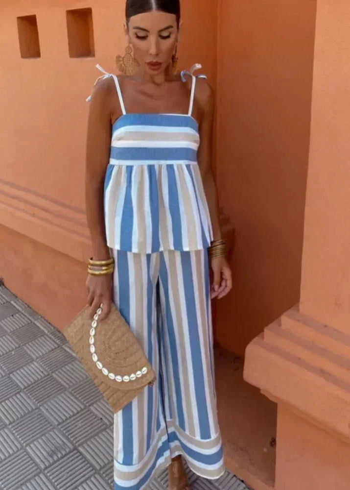 Women’s Two-Piece Set with Peplum Camisole and Wide Leg Striped Pants