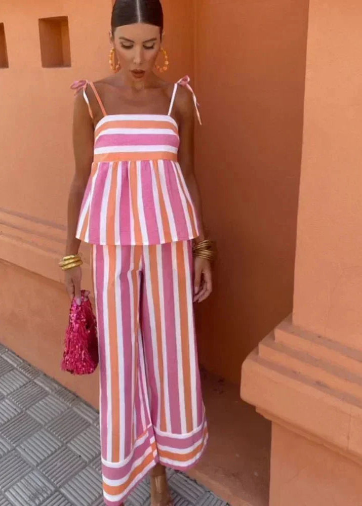 Women’s Two-Piece Set with Peplum Camisole and Wide Leg Striped Pants