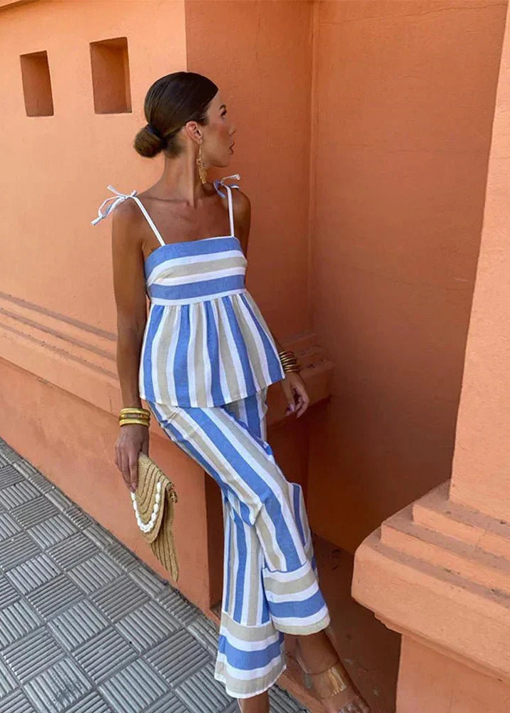 Women’s Two-Piece Set with Peplum Camisole and Wide Leg Striped Pants