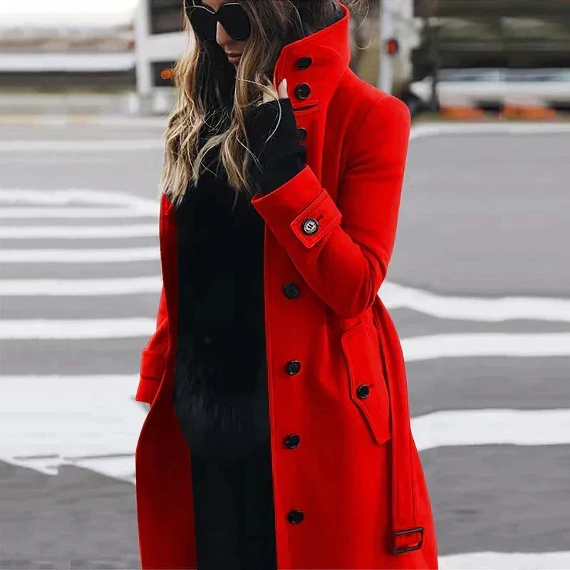 Women's High-Neck Belted Trench Coat with Button Front