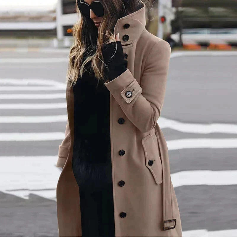 Women's High-Neck Belted Trench Coat with Button Front