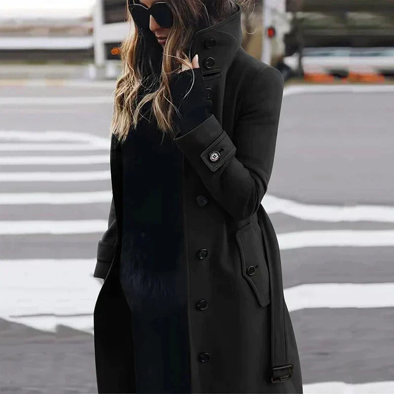 Women's High-Neck Belted Trench Coat with Button Front