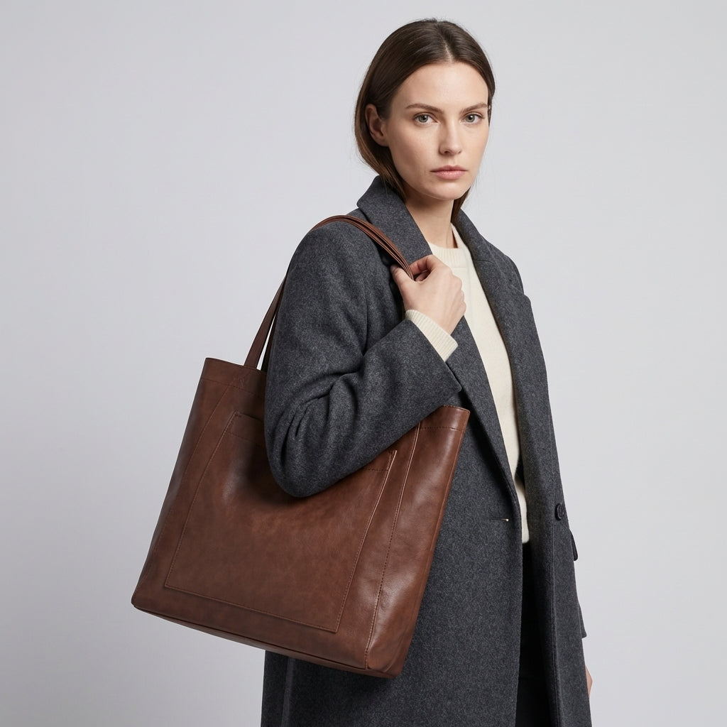 Women's Leather Tote Bag with Shoulder Straps and Zip Closure
