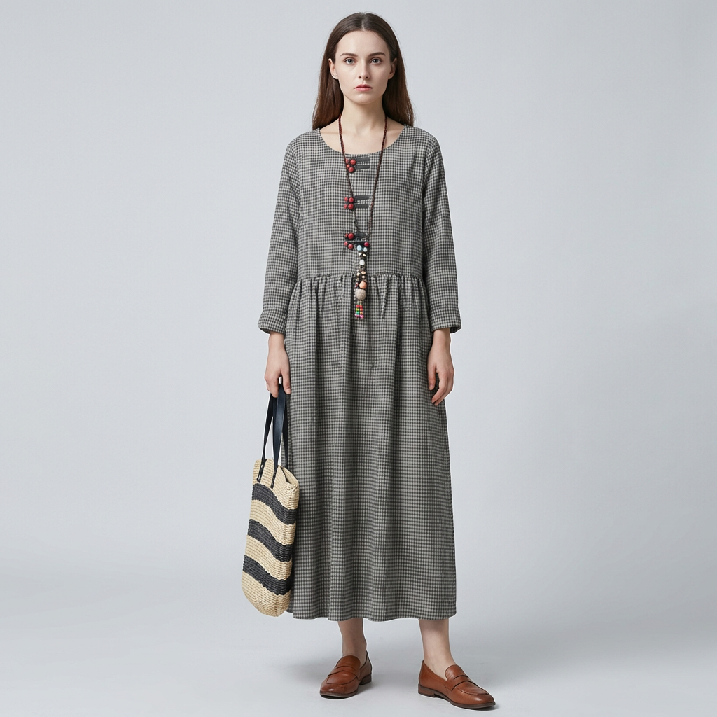 Women's Checked Maxi Dress Long Sleeve High Waist with Swing Skirt