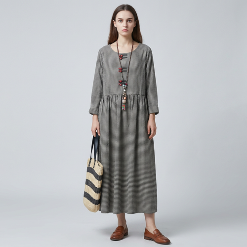 Women's Checked Maxi Dress Long Sleeve High Waist with Swing Skirt