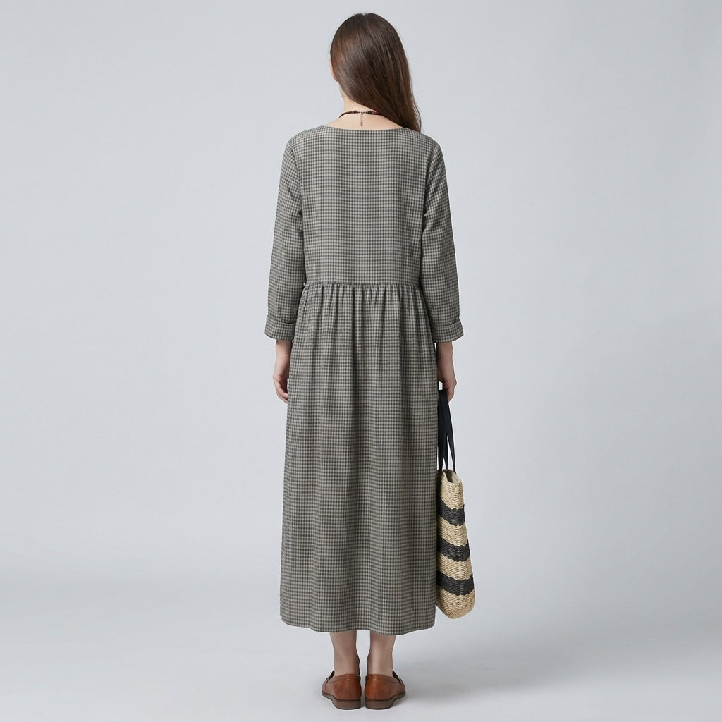 Women's Checked Maxi Dress Long Sleeve High Waist with Swing Skirt