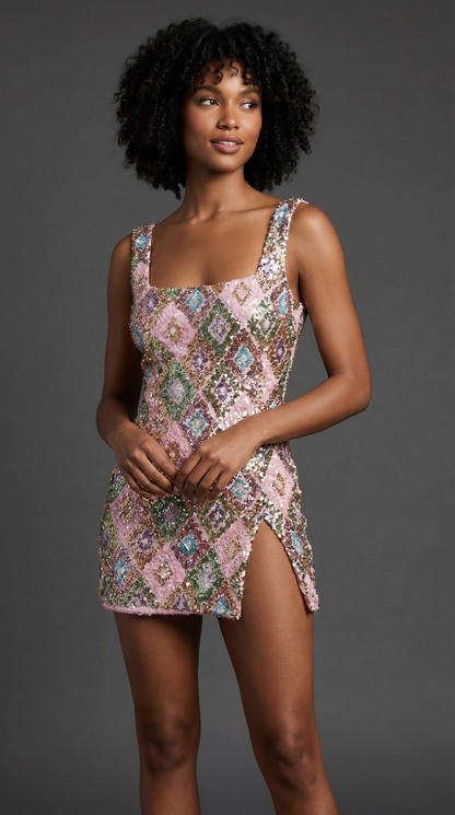 Women's Crystal Embellished Mini Dress with Square Neckline for Evening Glamour