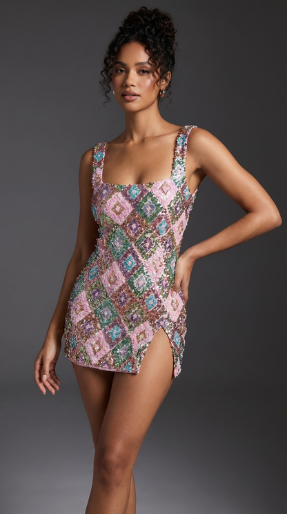 Women's Crystal Embellished Mini Dress with Square Neckline for Evening Glamour