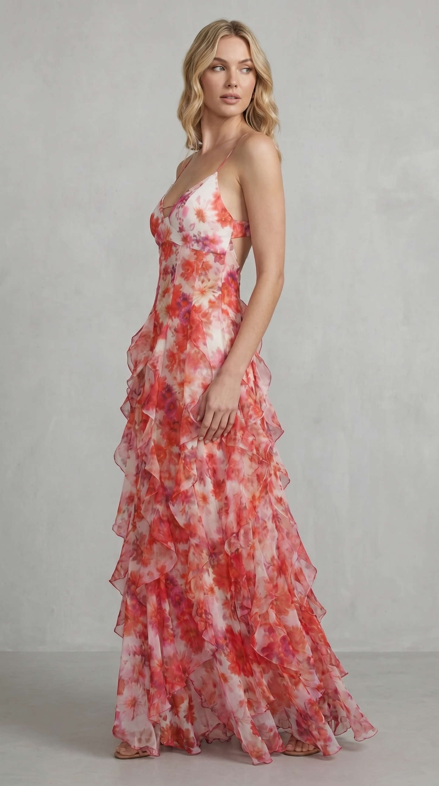 Women's Floral Ruffle Maxi Dress with Open Back for Effortless Romance