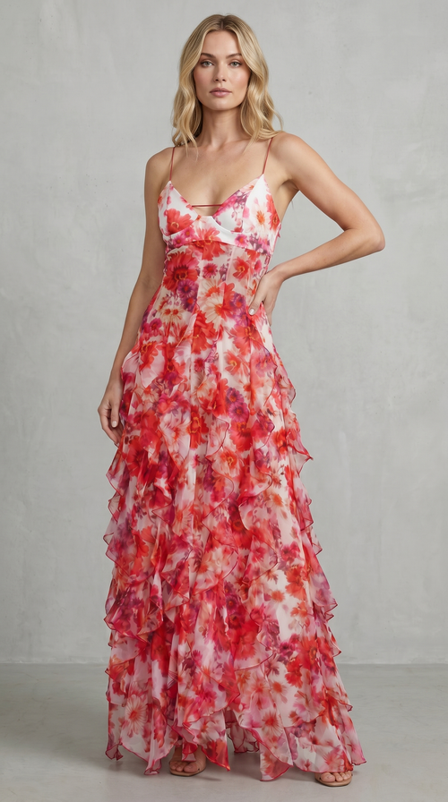 Women's Floral Ruffle Maxi Dress with Open Back for Effortless Romance