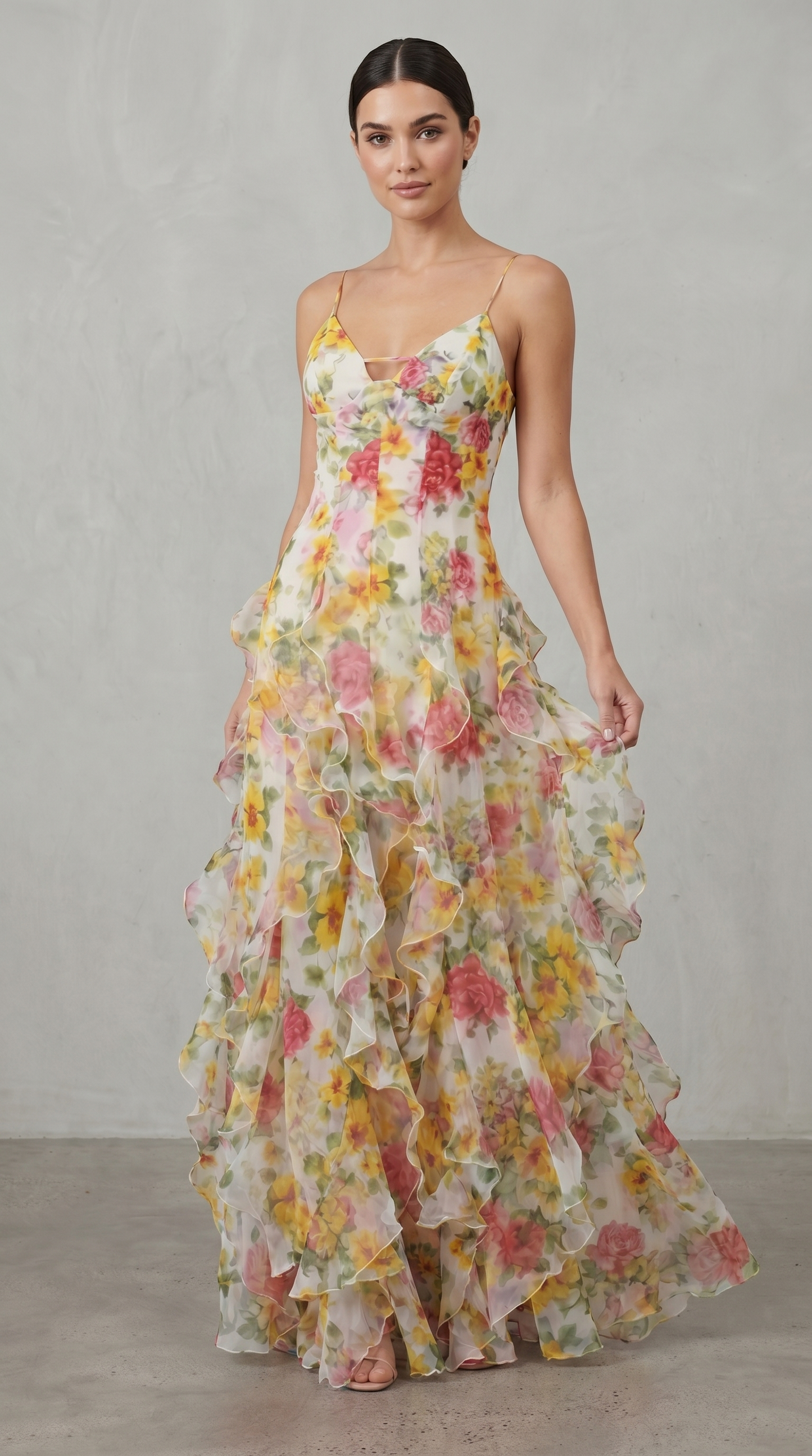 Women's Floral Ruffle Maxi Dress with Open Back for Effortless Romance
