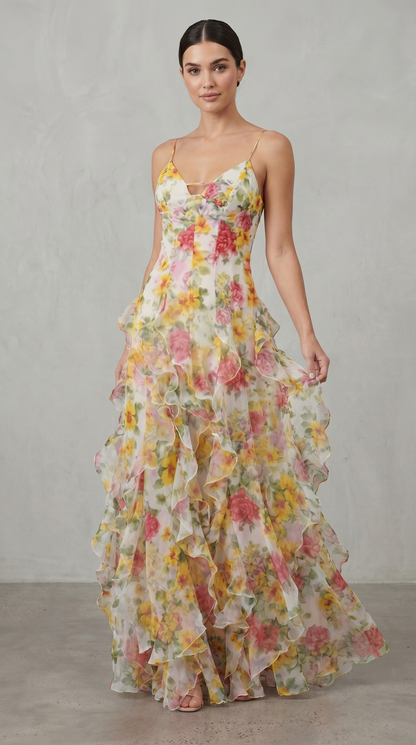 Women's Floral Ruffle Maxi Dress with Open Back for Effortless Romance