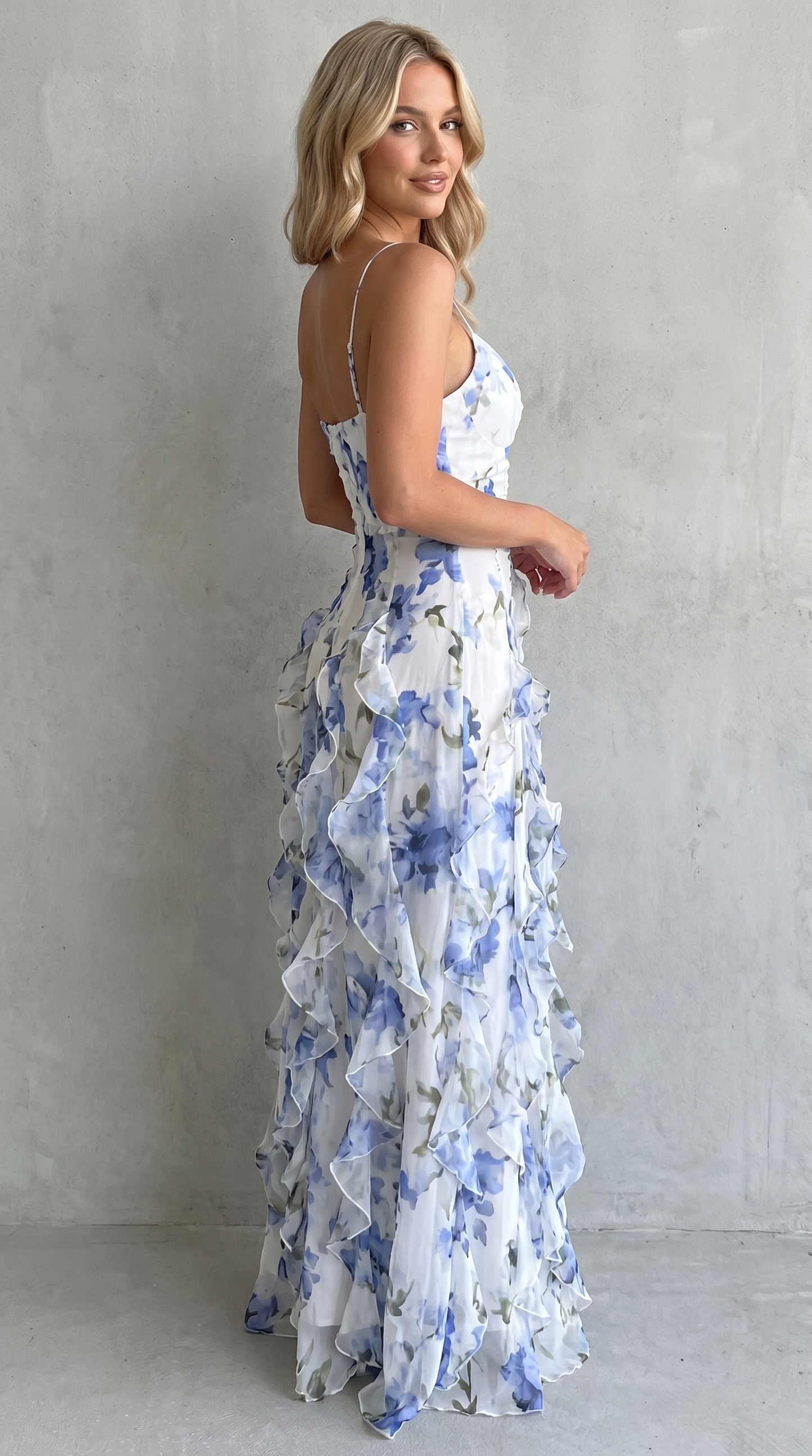 Women's Floral Ruffle Maxi Dress with Open Back for Effortless Romance