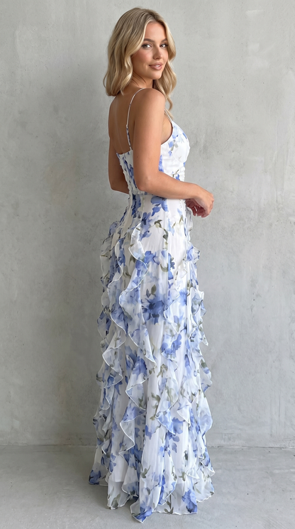 Women's Floral Ruffle Maxi Dress with Open Back for Effortless Romance