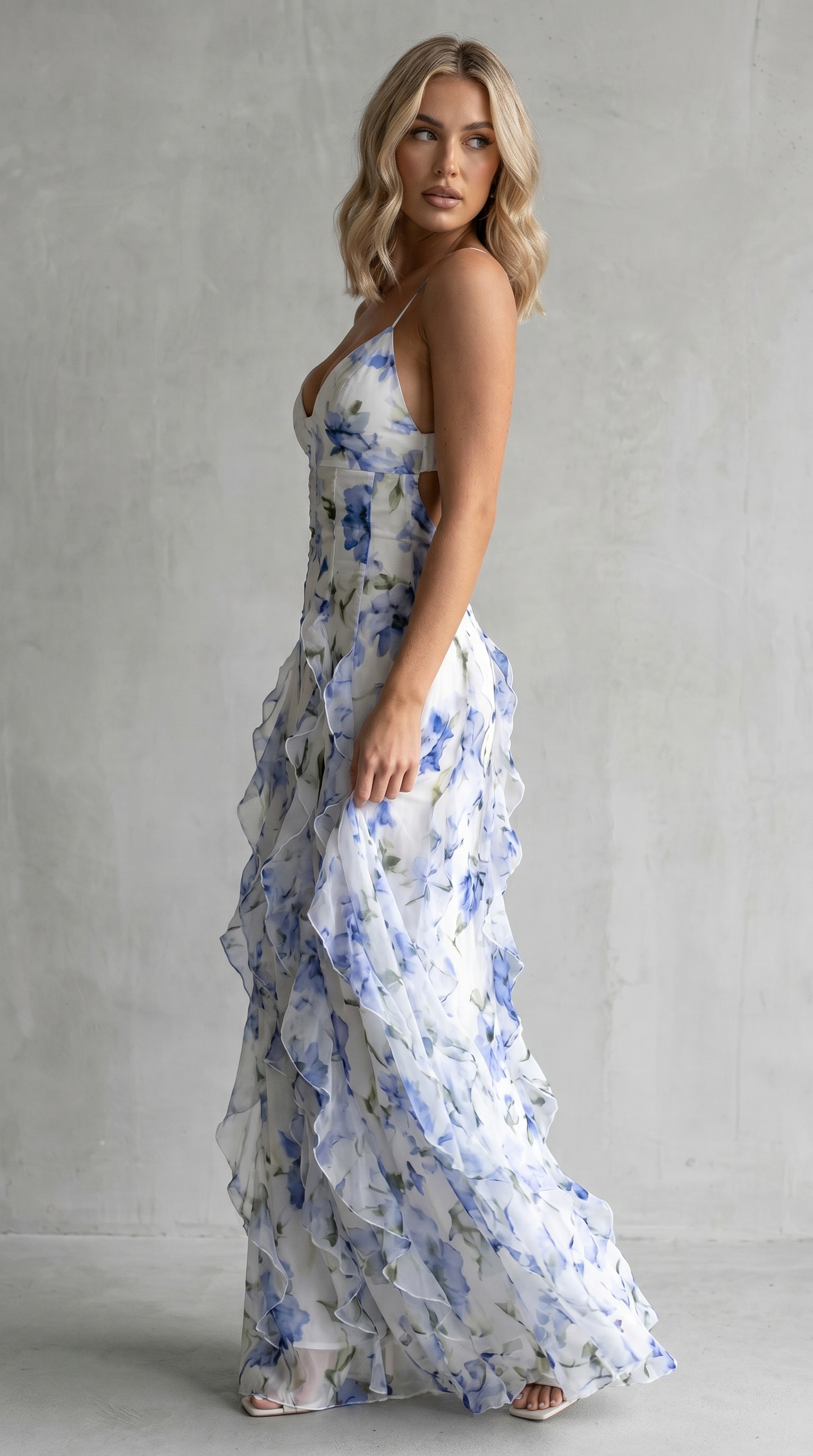 Women's Floral Ruffle Maxi Dress with Open Back for Effortless Romance