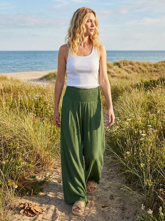 Women's Wide Leg Pants with High-Waist Smocked Band and Side Pockets