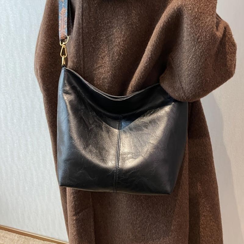 Women's Bohemian Shoulder Bag with Patterned Guitar Strap and Spacious Slouchy Silhouette