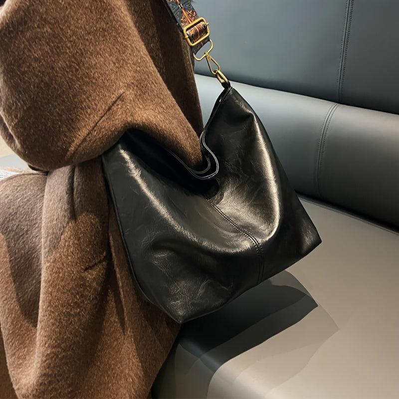 Women's Bohemian Shoulder Bag with Patterned Guitar Strap and Spacious Slouchy Silhouette