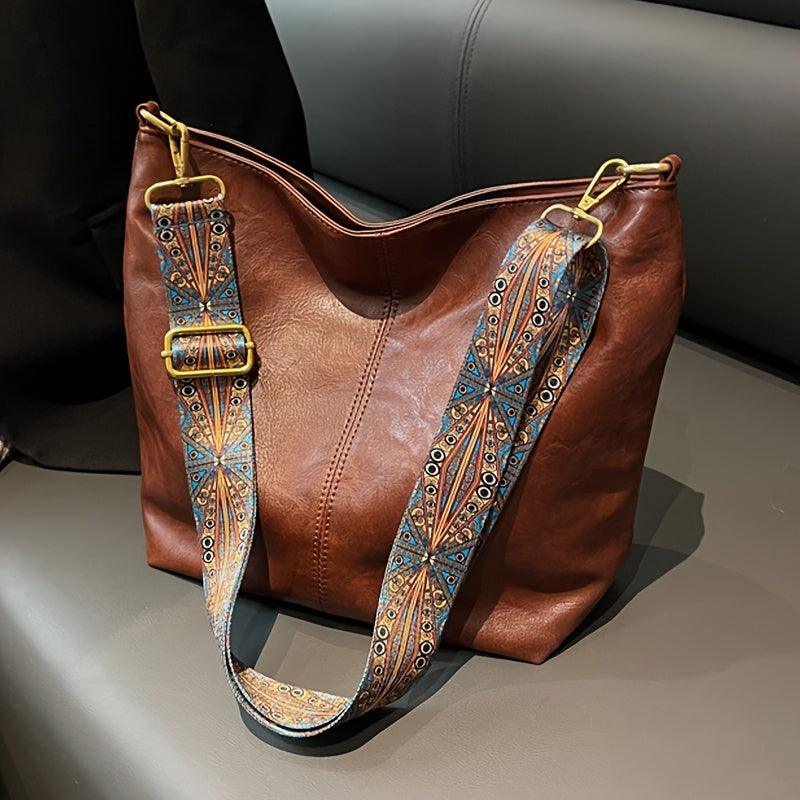 Women's Bohemian Shoulder Bag with Patterned Guitar Strap and Spacious Slouchy Silhouette