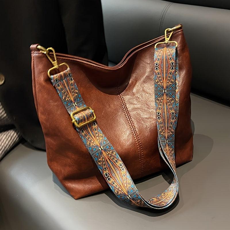 Women's Bohemian Shoulder Bag with Patterned Guitar Strap and Spacious Slouchy Silhouette