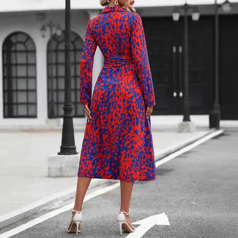 Women¡¯s Midi Shirt Dress with Abstract Print and Adjustable Tie Waist