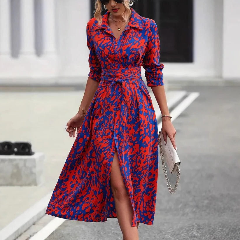 Women¡¯s Midi Shirt Dress with Abstract Print and Adjustable Tie Waist