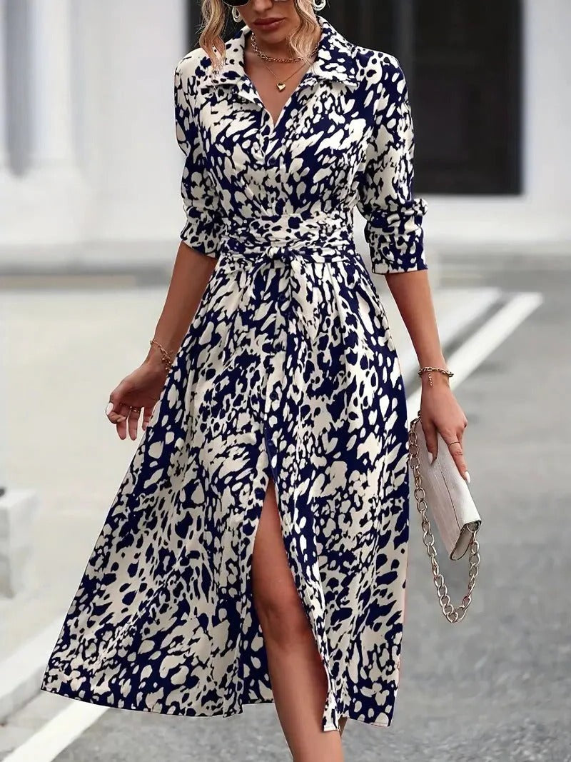 Women¡¯s Midi Shirt Dress with Abstract Print and Adjustable Tie Waist