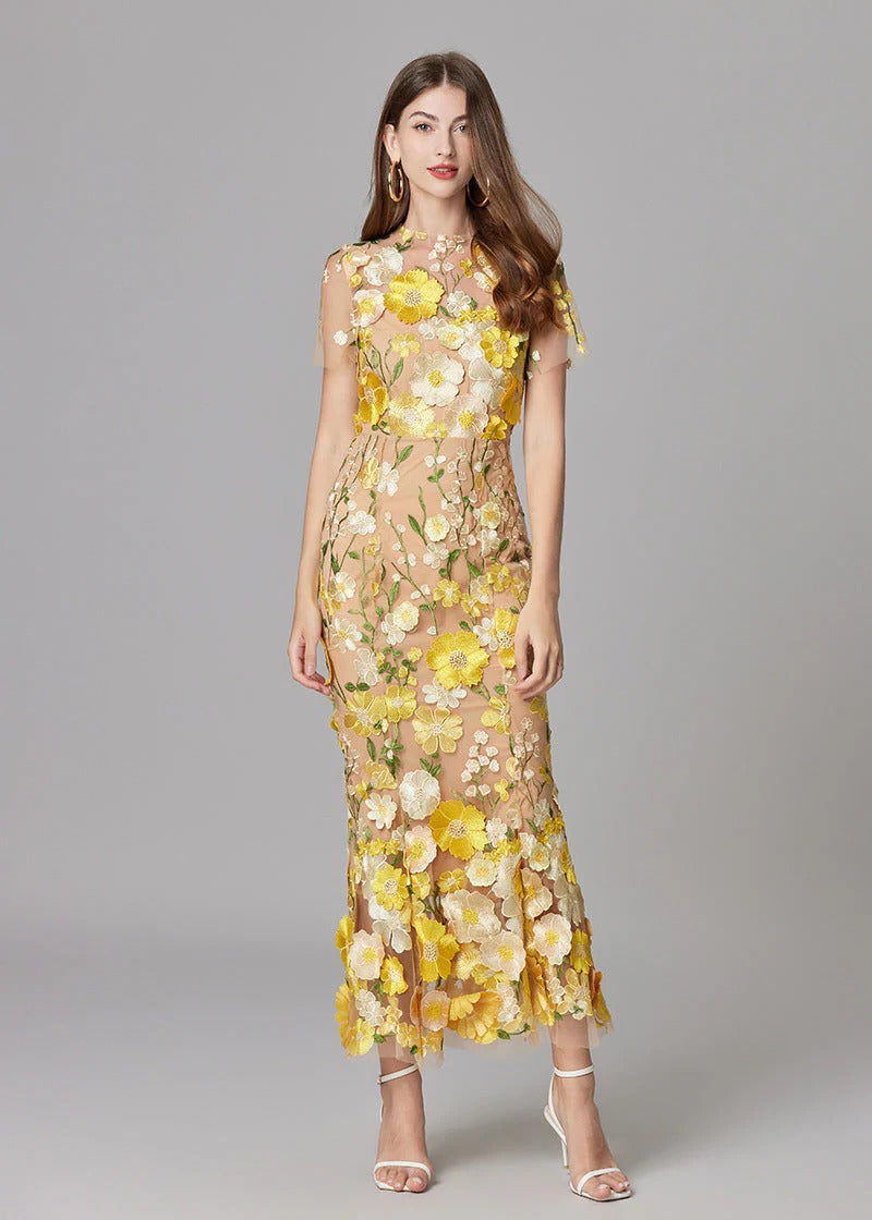 Women's Maxi Dress with 3D Floral Appliqu¨¦ and Sheer Mesh Overlay