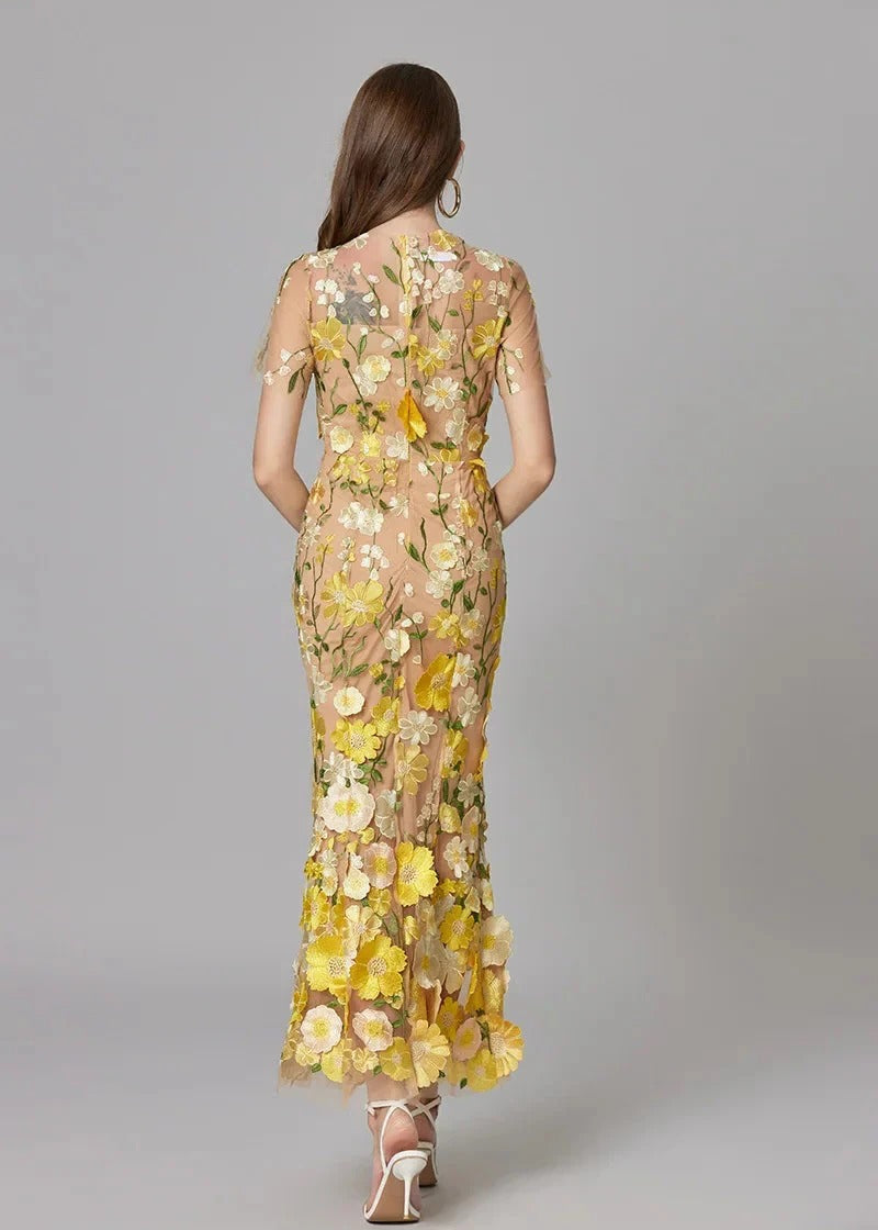 Women's Maxi Dress with 3D Floral Appliqu¨¦ and Sheer Mesh Overlay