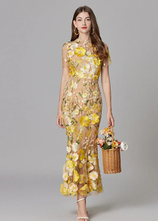 Women's Maxi Dress with 3D Floral Appliqu¨¦ and Sheer Mesh Overlay