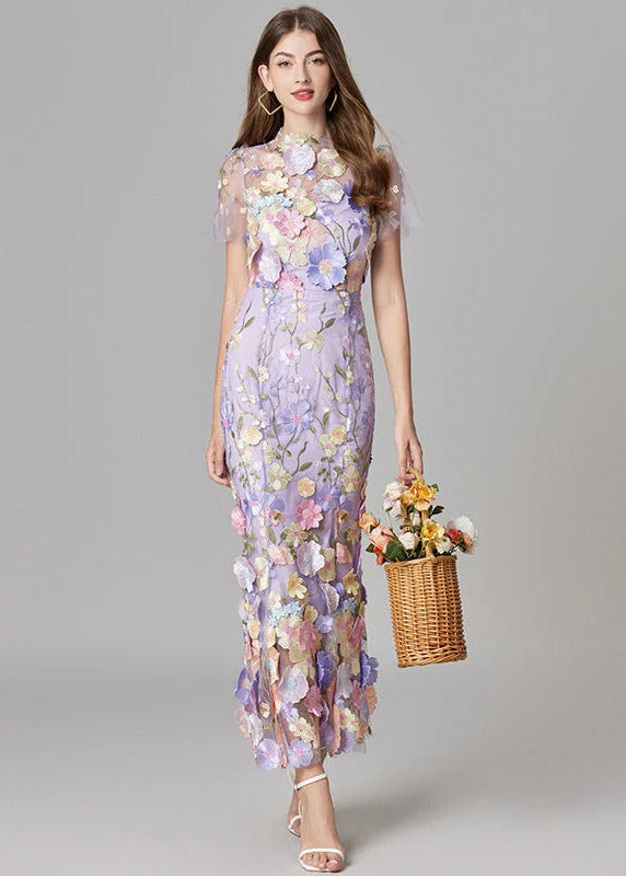Women's Maxi Dress with 3D Floral Appliqu¨¦ and Sheer Mesh Overlay