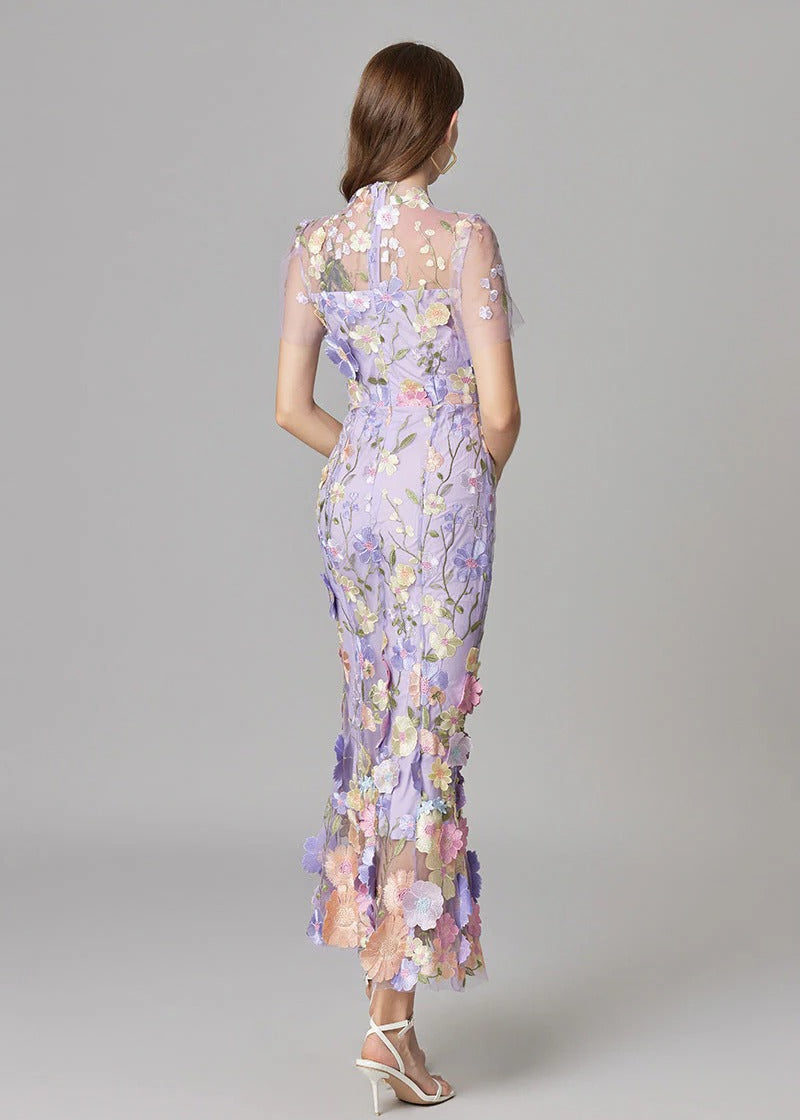 Women's Maxi Dress with 3D Floral Appliqu¨¦ and Sheer Mesh Overlay
