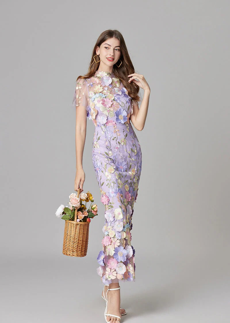 Women's Maxi Dress with 3D Floral Appliqu¨¦ and Sheer Mesh Overlay