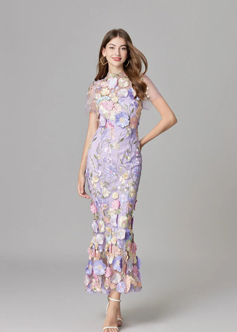 Women's Maxi Dress with 3D Floral Appliqu¨¦ and Sheer Mesh Overlay