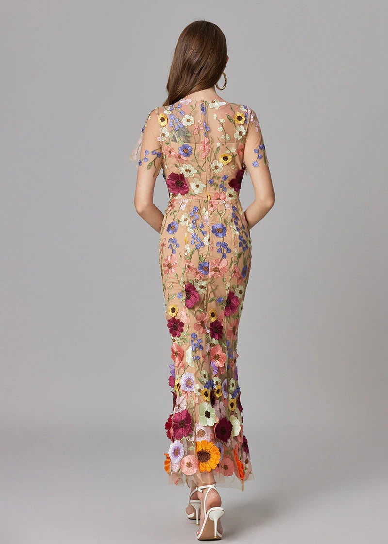 Women's Maxi Dress with 3D Floral Appliqu¨¦ and Sheer Mesh Overlay