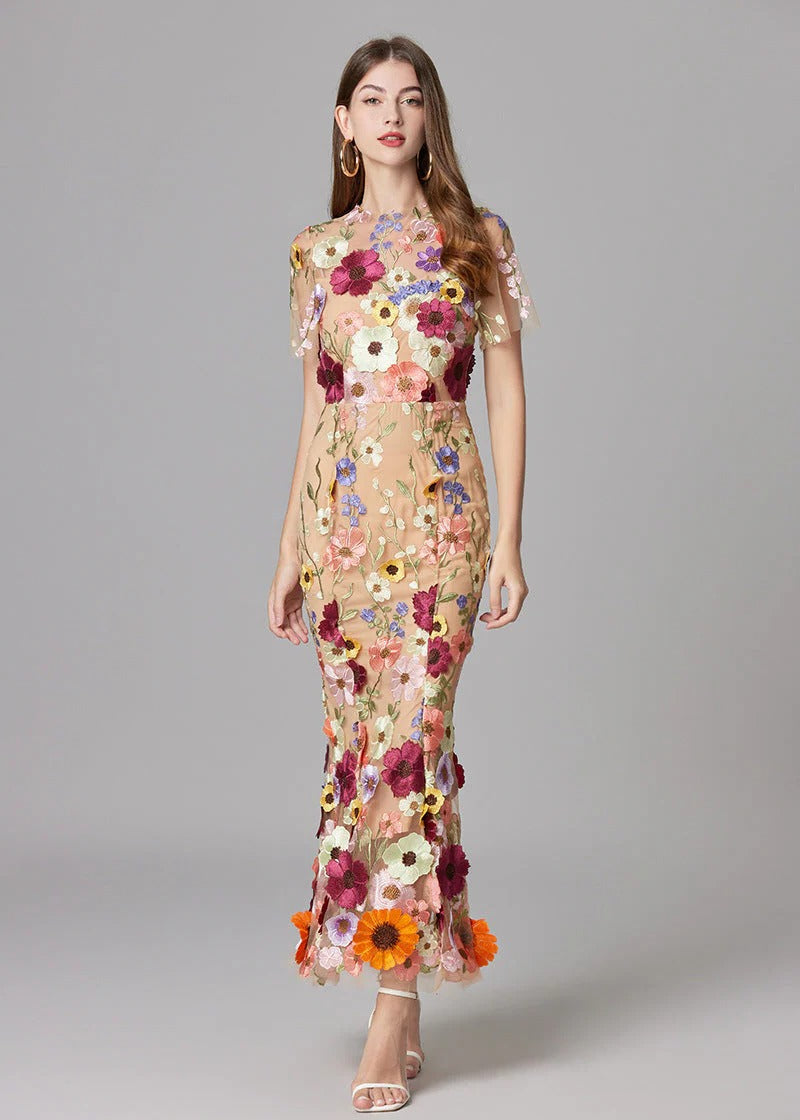 Women's Maxi Dress with 3D Floral Appliqu¨¦ and Sheer Mesh Overlay