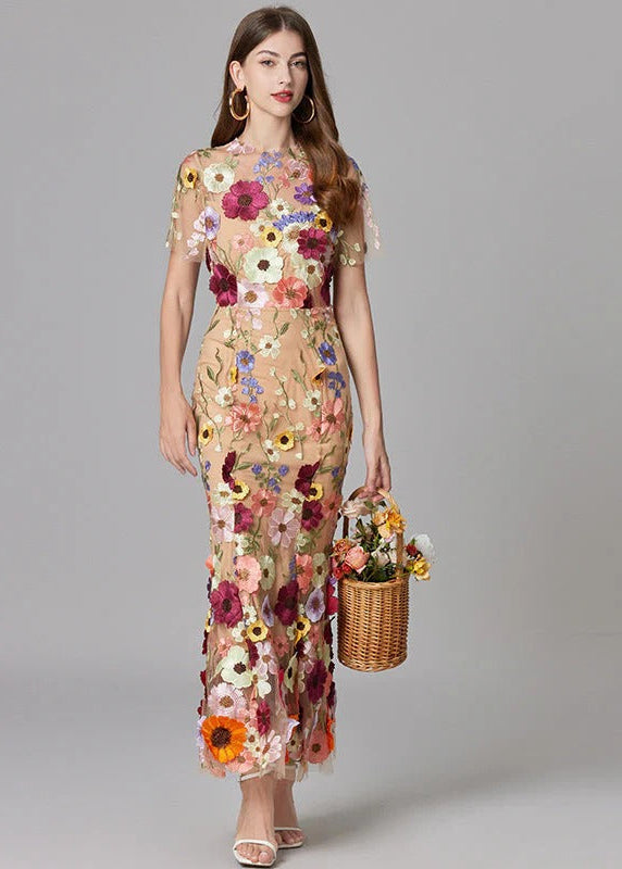 Women's Maxi Dress with 3D Floral Appliqu¨¦ and Sheer Mesh Overlay