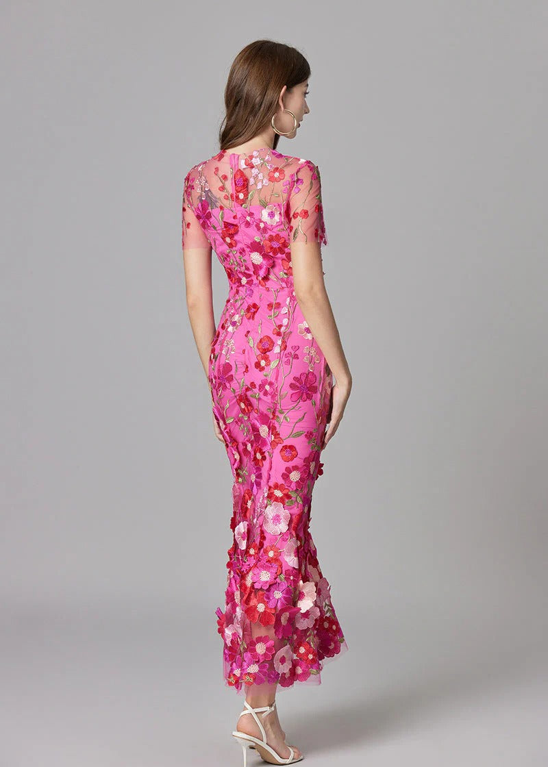 Women's Maxi Dress with 3D Floral Appliqu¨¦ and Sheer Mesh Overlay