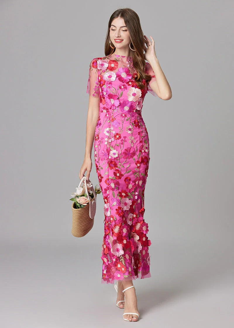 Women's Maxi Dress with 3D Floral Appliqu¨¦ and Sheer Mesh Overlay