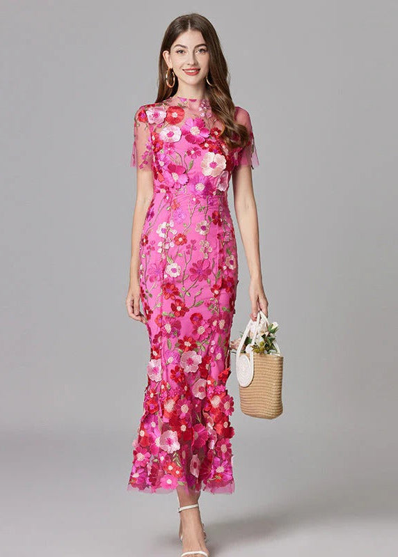 Women's Maxi Dress with 3D Floral Appliqu¨¦ and Sheer Mesh Overlay