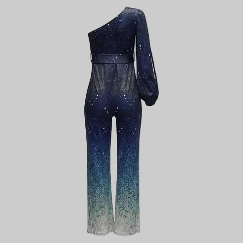 Women’s One Shoulder Sequin Jumpsuit with Ombre Effect and Flare Leg