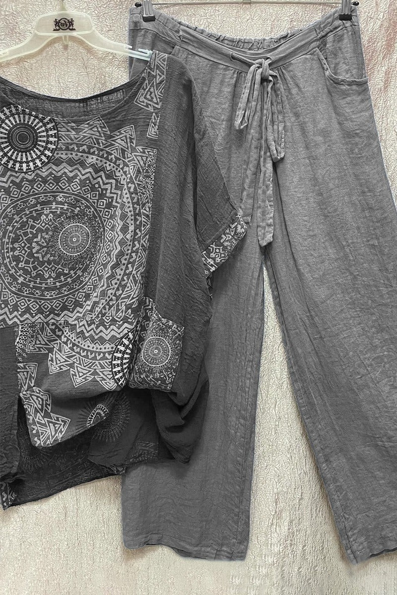 Women's Linen Co-Ord Set with Mandala Print Top and Wide Leg Pants