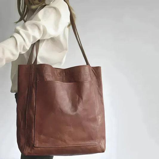 Women’s Oversized Leather Tote Bag with Large External Pocket
