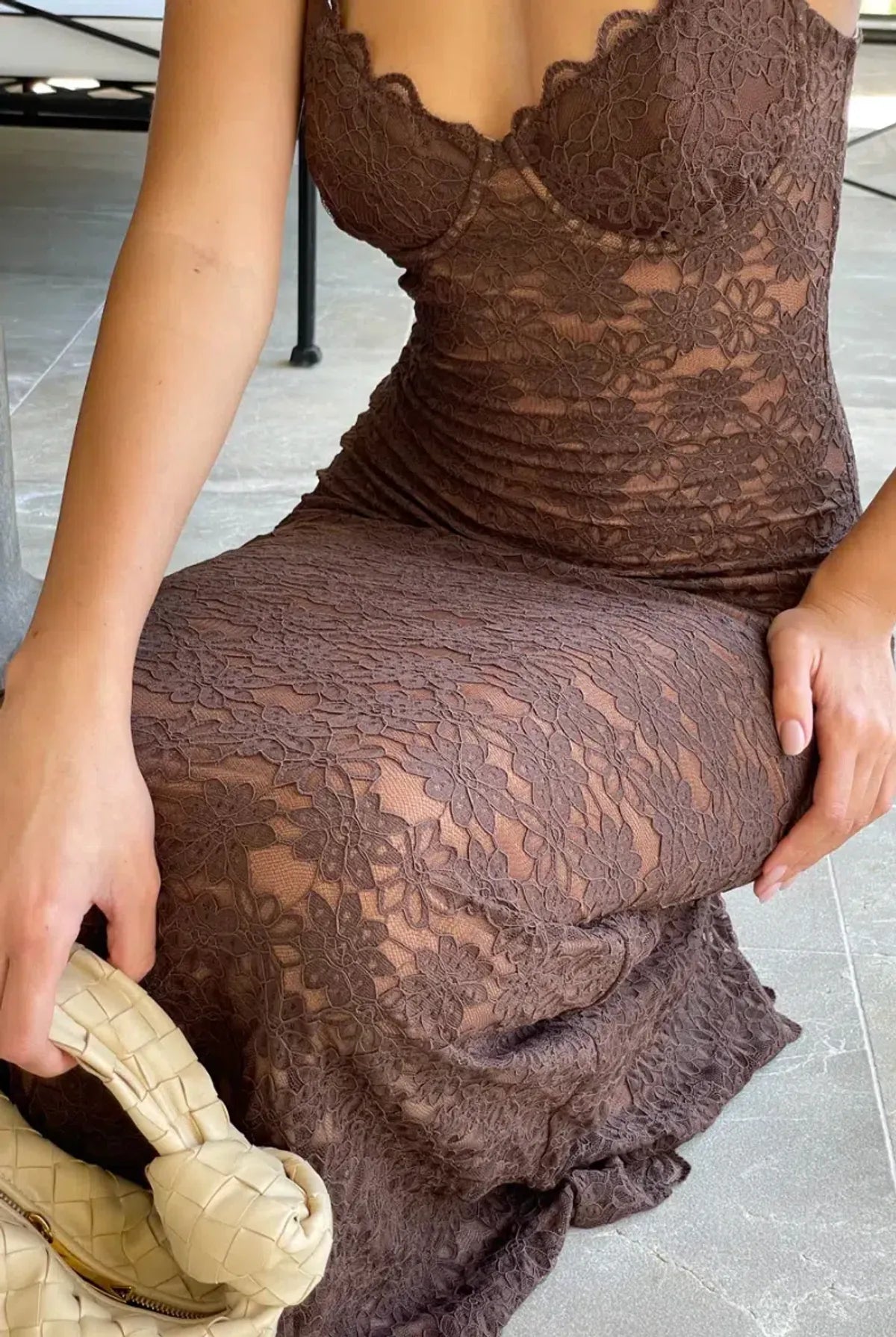 Women’s Lace Slip Maxi Dress with Floral Scalloped Neckline Trim