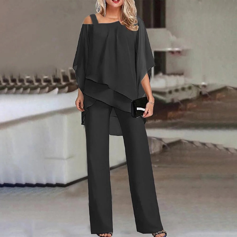 Women’s Wide Leg Jumpsuit with Cold Shoulder and Chiffon Overlay