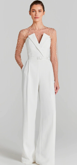 Ceylan Women’s Pearl Embellished Jumpsuit with Sheer Bodice